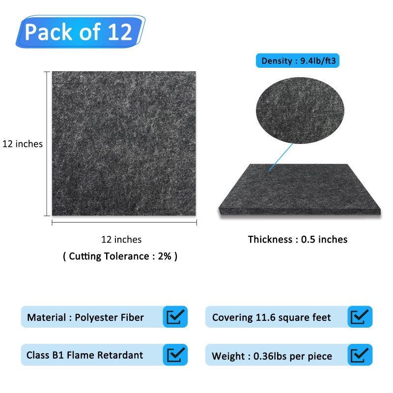 BXI Thickened Sound Absorbing Panels - 12 Pack 12 X 12 X 0.5 Inches Dense Acoustic Panels, Echo Noise Reducing Sound Panels, Tackable Studio Panels for Wall and Ceiling Acoustic Treatment - Image 2